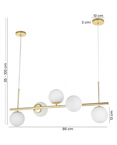 Nowoczesna złota lampa wisząca z pięcioma kulistymi kloszami – wymiary 86 cm i regulowana wysokość 35–100 cm