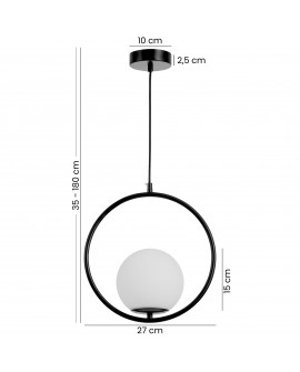 Nowoczesna czarna lampa wisząca z okrągłą obręczą i białym kloszem, regulowana wysokość 35–180 cm