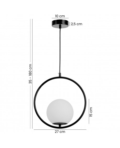 Nowoczesna czarna lampa wisząca z okrągłą obręczą i białym kloszem, regulowana wysokość 35–180 cm