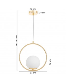  Nowoczesna złota lampa wisząca z okrągłą obręczą i białym kloszem, regulowana wysokość 35–180 cm