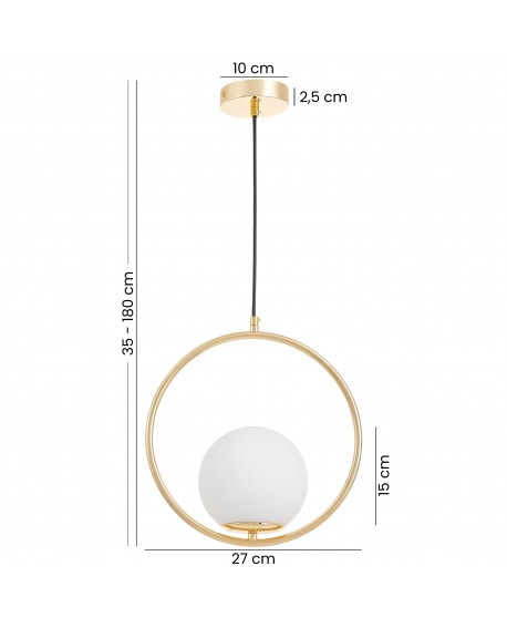 Nowoczesna złota lampa wisząca z okrągłą obręczą i białym kloszem, regulowana wysokość 35–180 cm