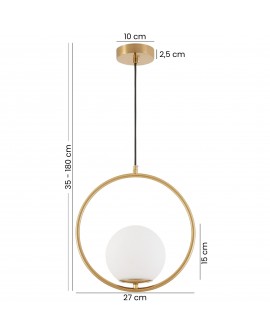 Nowoczesna matowo-złota lampa wisząca z okrągłą obręczą i białym kloszem, regulowana wysokość 35–180 cm