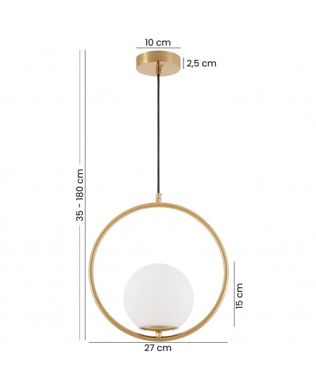 Nowoczesna matowo-złota lampa wisząca z okrągłą obręczą i białym kloszem, regulowana wysokość 35–180 cm