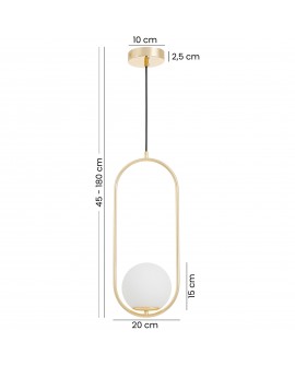 Złota lampa wisząca z podłużną ramą i matowym kloszem – nowoczesne oświetlenie z regulowaną wysokością do salonu lub jadalni