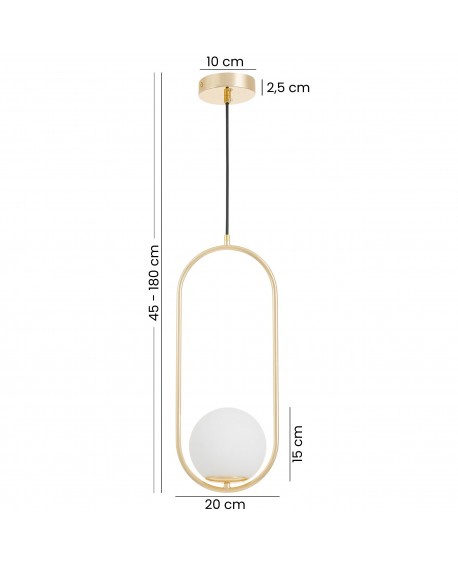 Złota lampa wisząca z podłużną ramą i matowym kloszem – nowoczesne oświetlenie z regulowaną wysokością do salonu lub jadalni