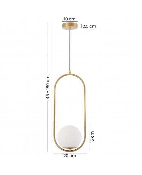 Złota lampa wisząca z podłużną ramą i matowym kloszem – nowoczesne oświetlenie z regulowaną wysokością do salonu lub jadalni