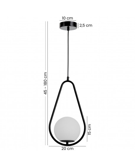 Regulowana wisząca lampa w kształcie kropli z matowym kloszem, czarny metalowy okrąg, nowoczesne oświetlenie 