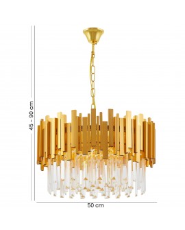 Lampa wisząca z złotym wykończeniem i kryształkami – elegancka ozdoba do nowoczesnego salonu.