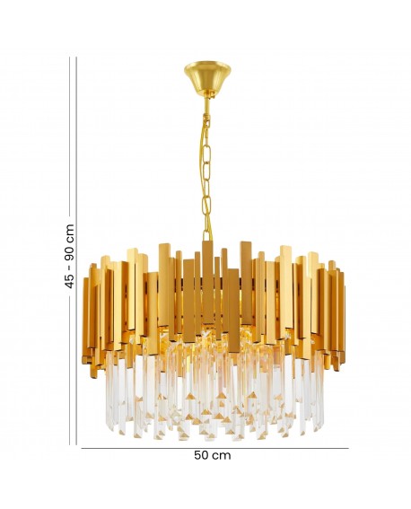 Lampa wisząca z złotym wykończeniem i kryształkami – elegancka ozdoba do nowoczesnego salonu.