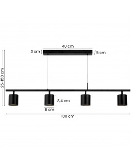 Wymiary czarnej lampy wiszącej z czterema reflektorami na listwie – długość 100 cm, regulowana wysokość 25–150 cm