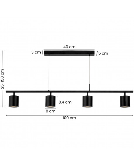 Wymiary czarnej lampy wiszącej z czterema reflektorami na listwie – długość 100 cm, regulowana wysokość 25–150 cm
