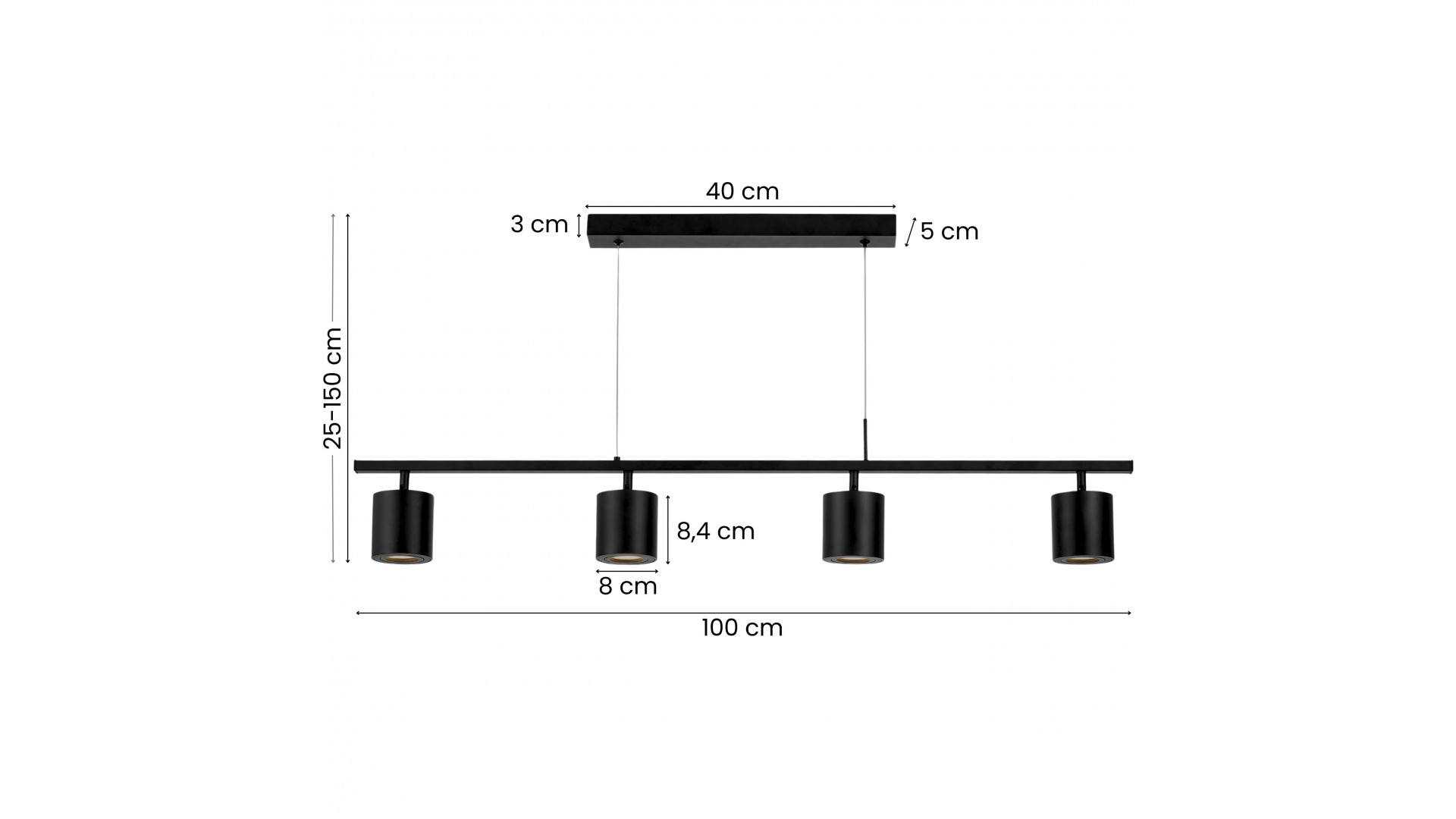 Wymiary czarnej lampy wiszącej z czterema reflektorami na listwie – długość 100 cm, regulowana wysokość 25–150 cm