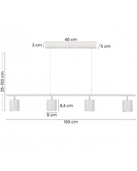 Wymiary białej lampy wiszącej z czterema reflektorami na listwie – długość 100 cm, regulowana wysokość 25–150 cm