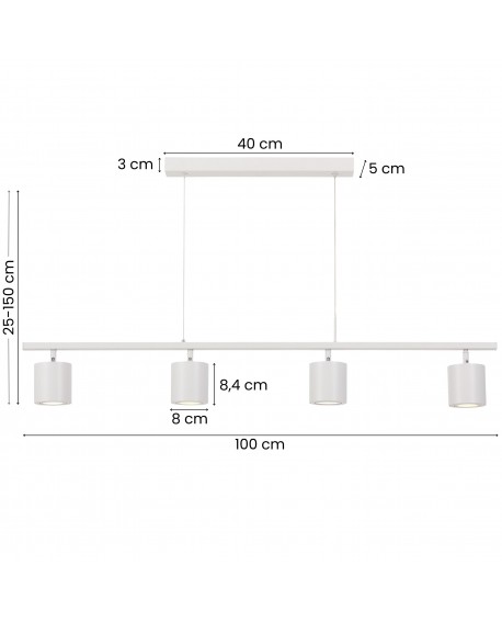 Wymiary białej lampy wiszącej z czterema reflektorami na listwie – długość 100 cm, regulowana wysokość 25–150 cm
