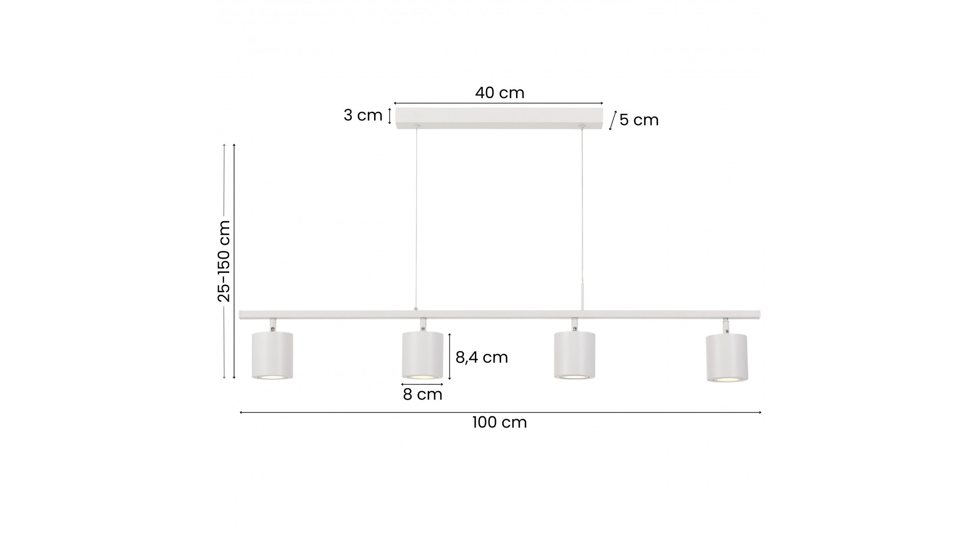 Wymiary białej lampy wiszącej z czterema reflektorami na listwie – długość 100 cm, regulowana wysokość 25–150 cm