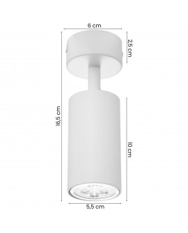  Biały regulowany spot sufitowy tubowy z opisanymi wymiarami, idealny do punktowego oświetlenia wnętrz.