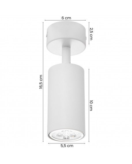  Biały regulowany spot sufitowy tubowy z opisanymi wymiarami, idealny do punktowego oświetlenia wnętrz.