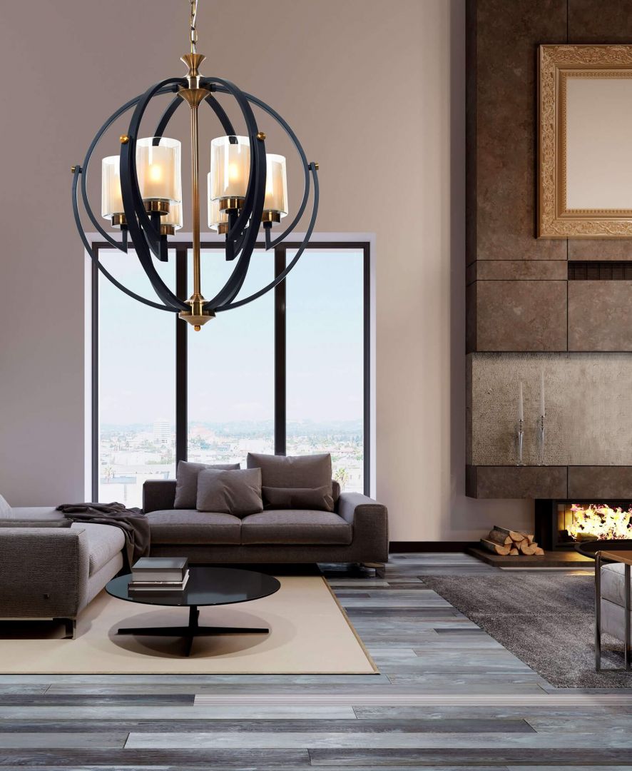 lampa wisząca loft czarno-złota szczotkowana bergen w6 lumina deco, aranżacja wnętrza z sofą