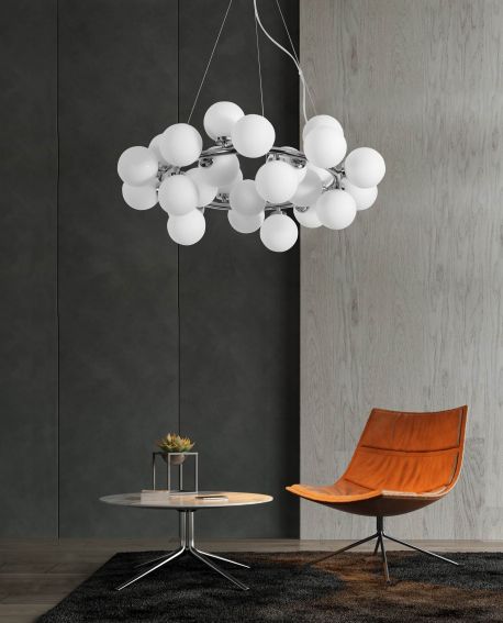 LAMPA WISZĄCA NOWOCZESNA CHROMOWANA BIAŁE KULE MARSIADA 25 LUMINA DECO