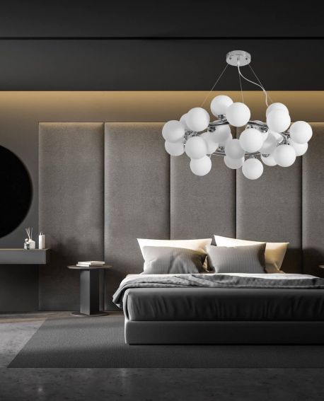 LAMPA WISZĄCA NOWOCZESNA CHROMOWANA BIAŁE KULE MARSIADA 25 LUMINA DECO