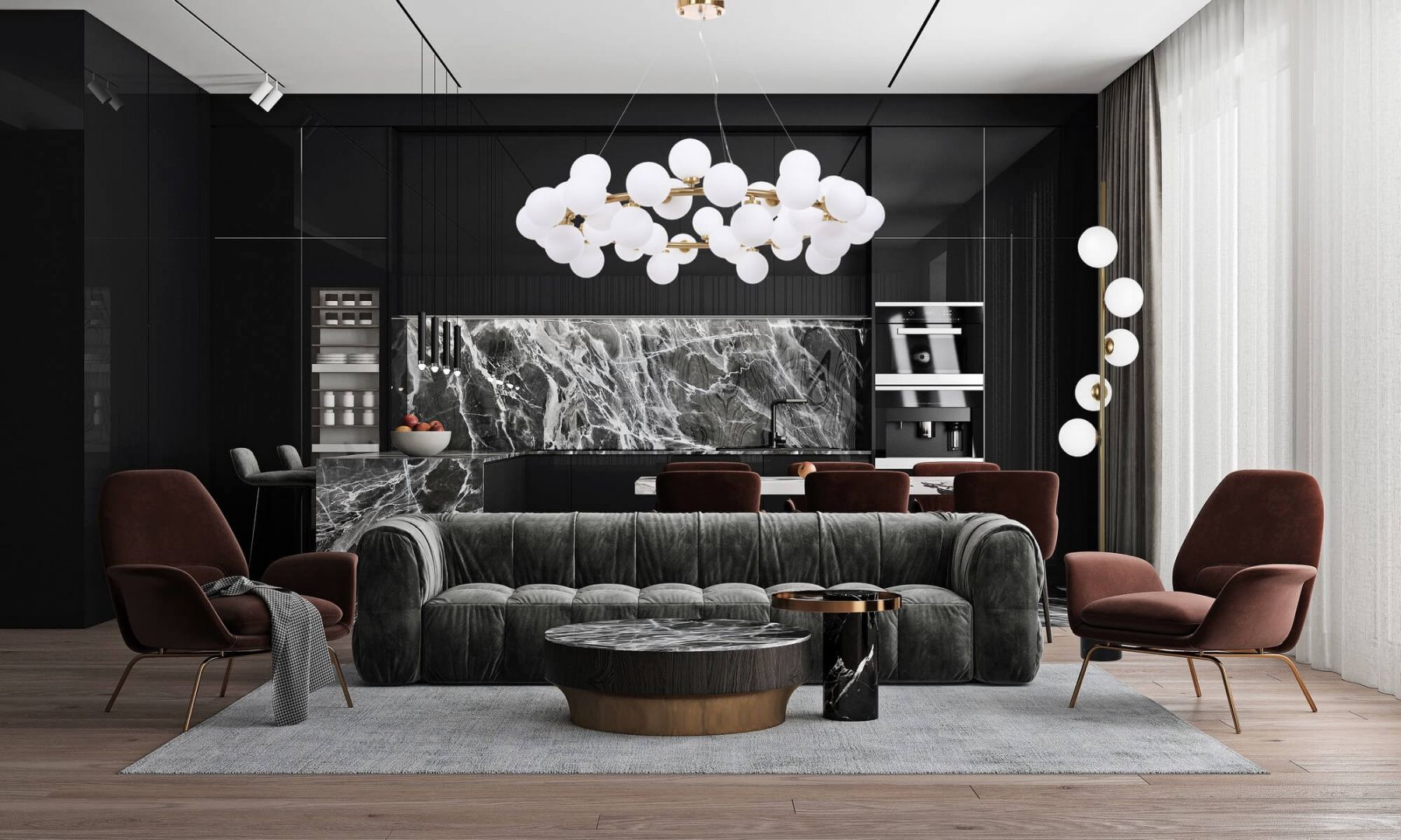 Lampa wisząca Marsiada 40 złota z białymi kulami nad sofą w nowoczesnym salonie, stylowe oświetlenie wnętrza