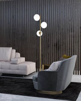 LAMPA STOJĄCA PODŁOGOWA ZŁOTO SZCZOTKOWANE BIAŁE KULE FREDICA 3 LUMINA DECO