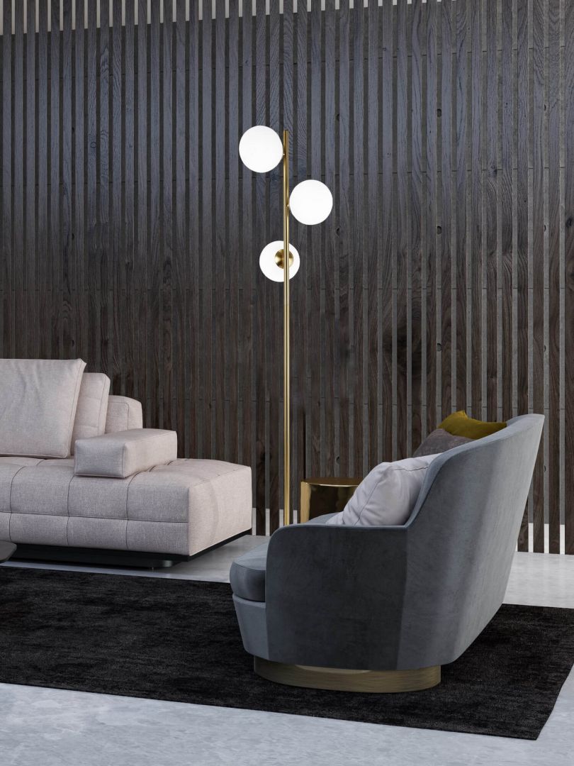 LAMPA STOJĄCA PODŁOGOWA ZŁOTO SZCZOTKOWANE BIAŁE KULE FREDICA 3 LUMINA DECO