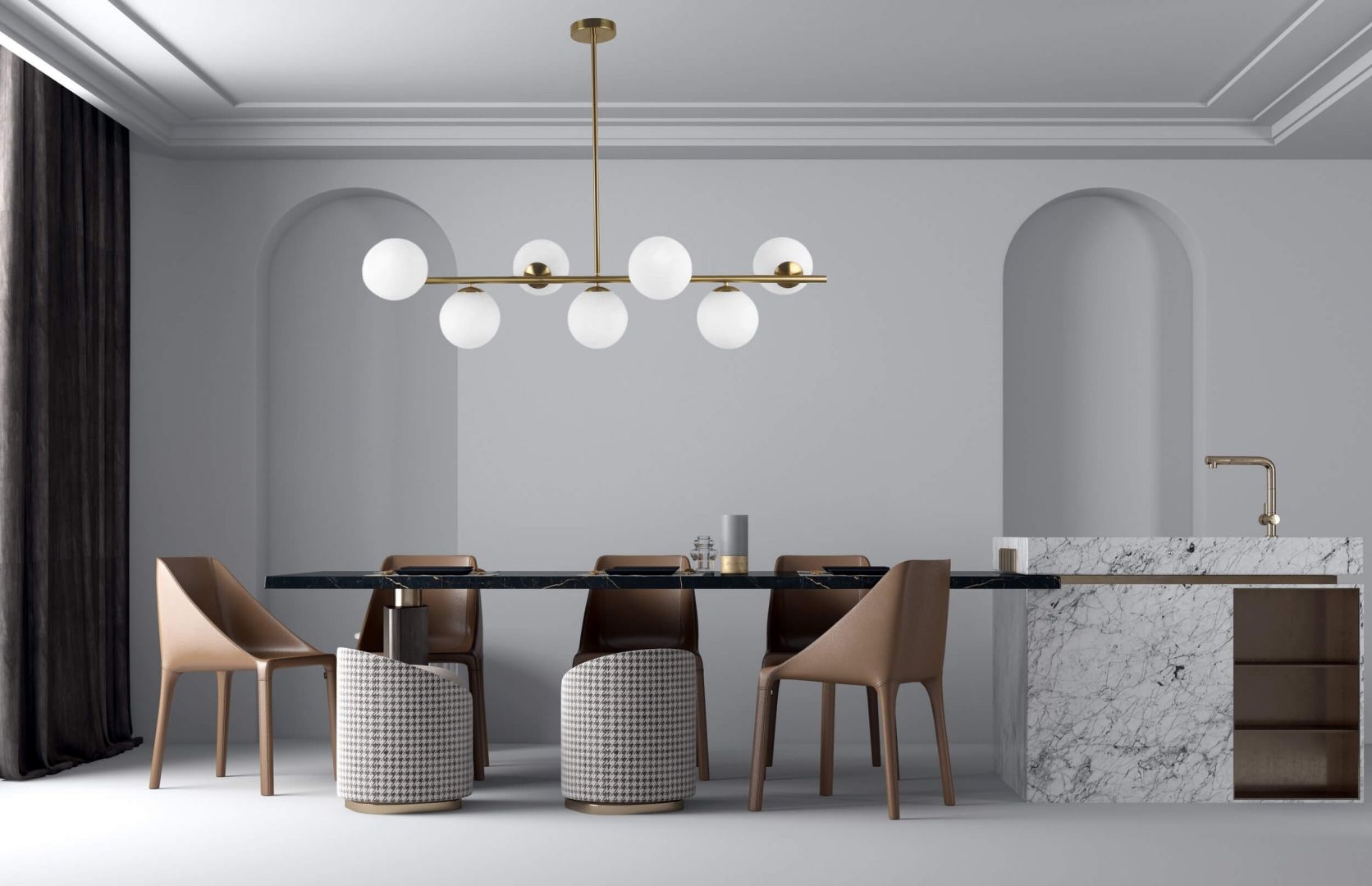 Lampa wisząca Fredica 7 Lumina Deco w salonie, nowoczesne oświetlenie z złotymi szczotkowanymi detalami