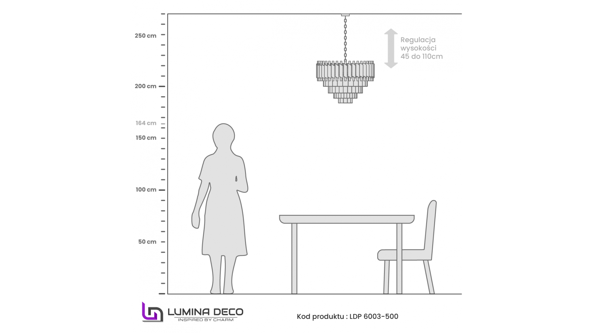 Rysunek techniczny lampy Mazini D50 Lumina Deco, wymiary i proporcje kryształowego żyrandola