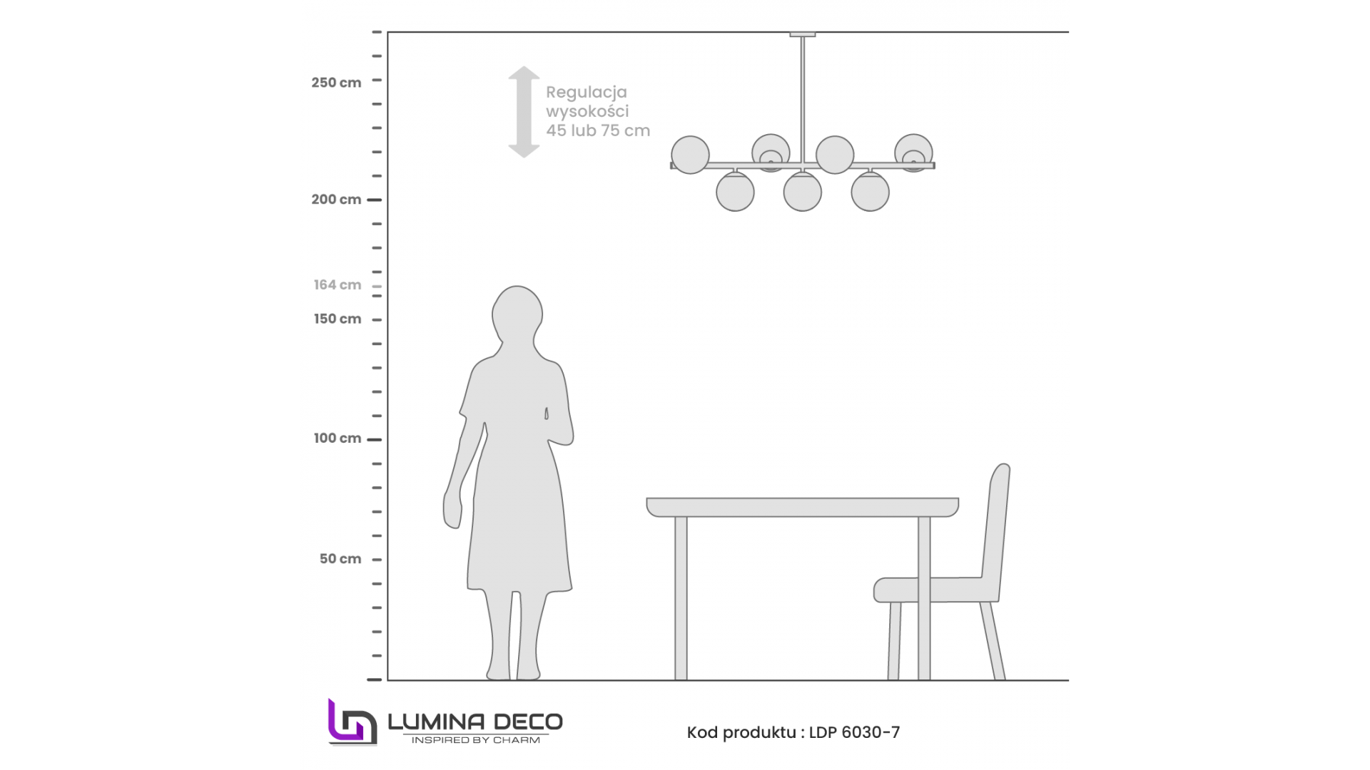 Rysunek techniczny lampy Fredica 7 Lumina Deco, wymiary i proporcje modelu
