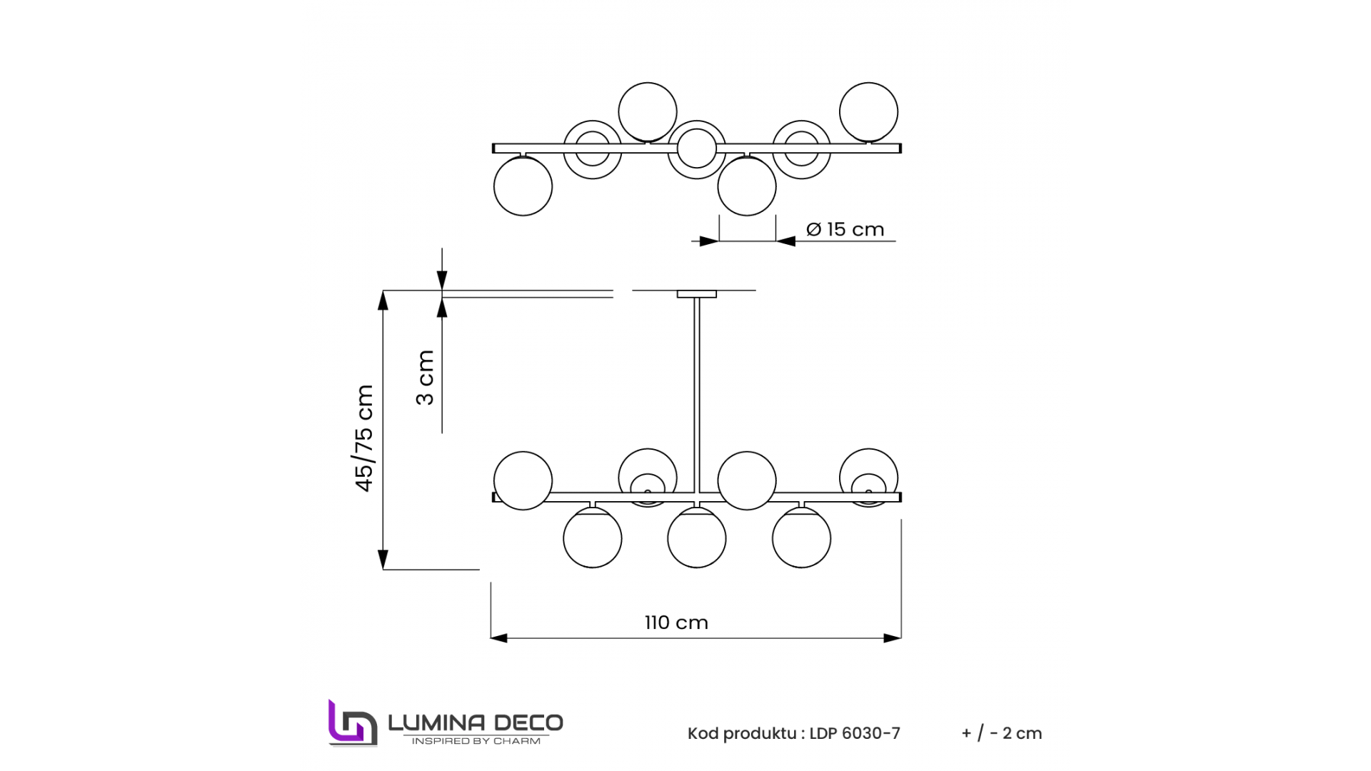 Schemat konstrukcyjny lampy wiszącej Fredica 7 Lumina Deco, rozmieszczenie źródeł światła