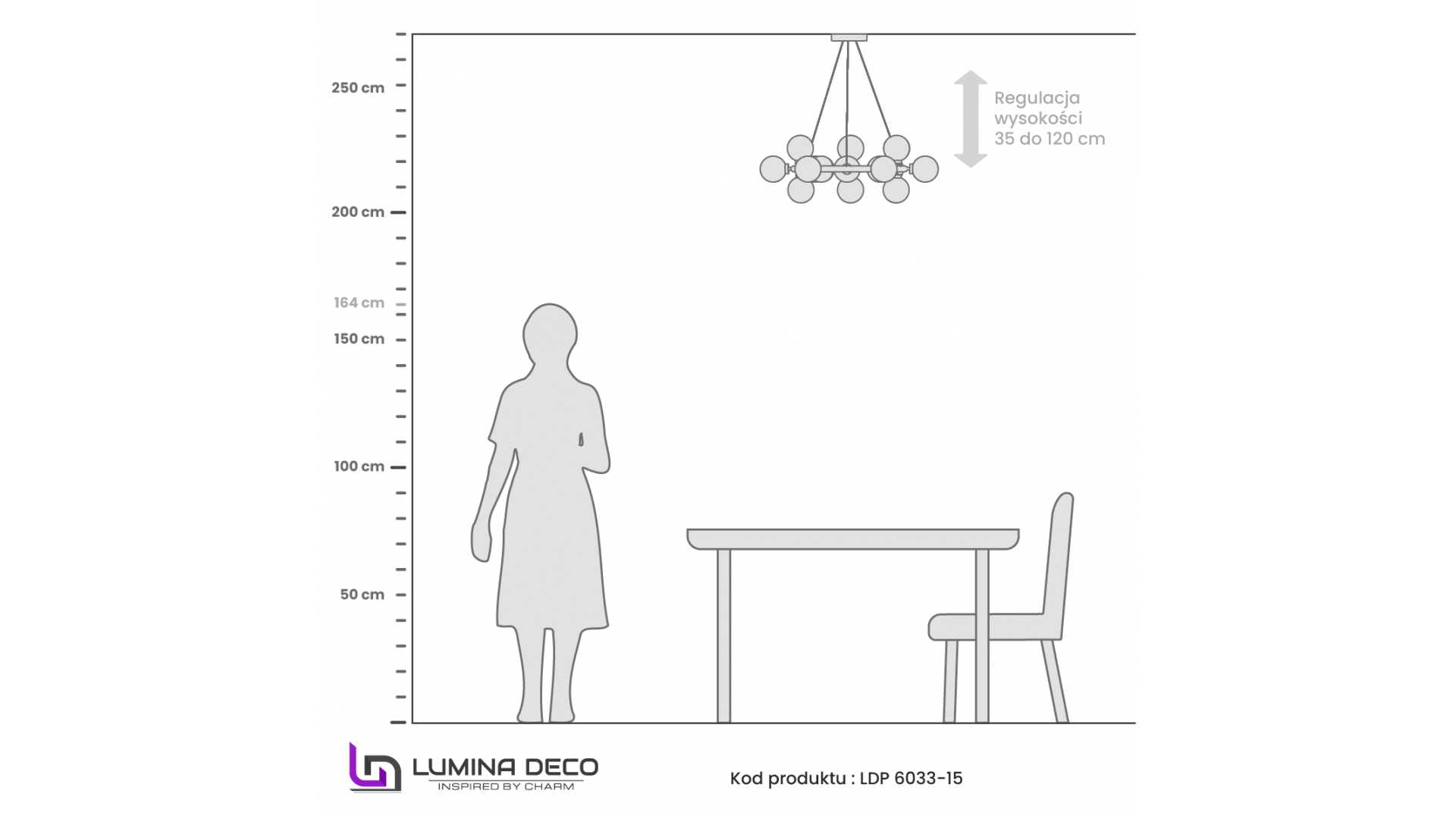 Lampa wisząca złota szczotkowana Marsiada 15 Lumina Deco rysunek techniczny z wymiarami