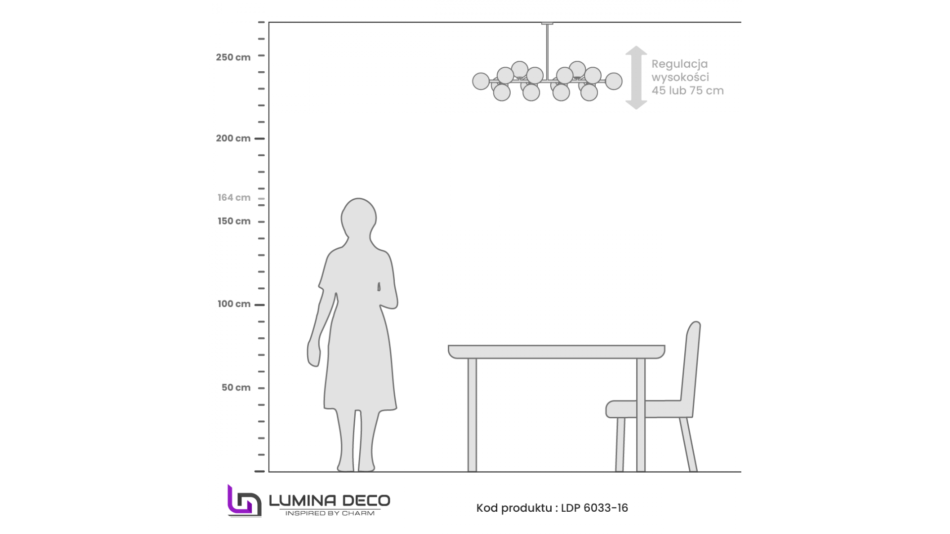 Rysunek techniczny lampy wiszącej Petrica 16 Lumina Deco z wymiarami