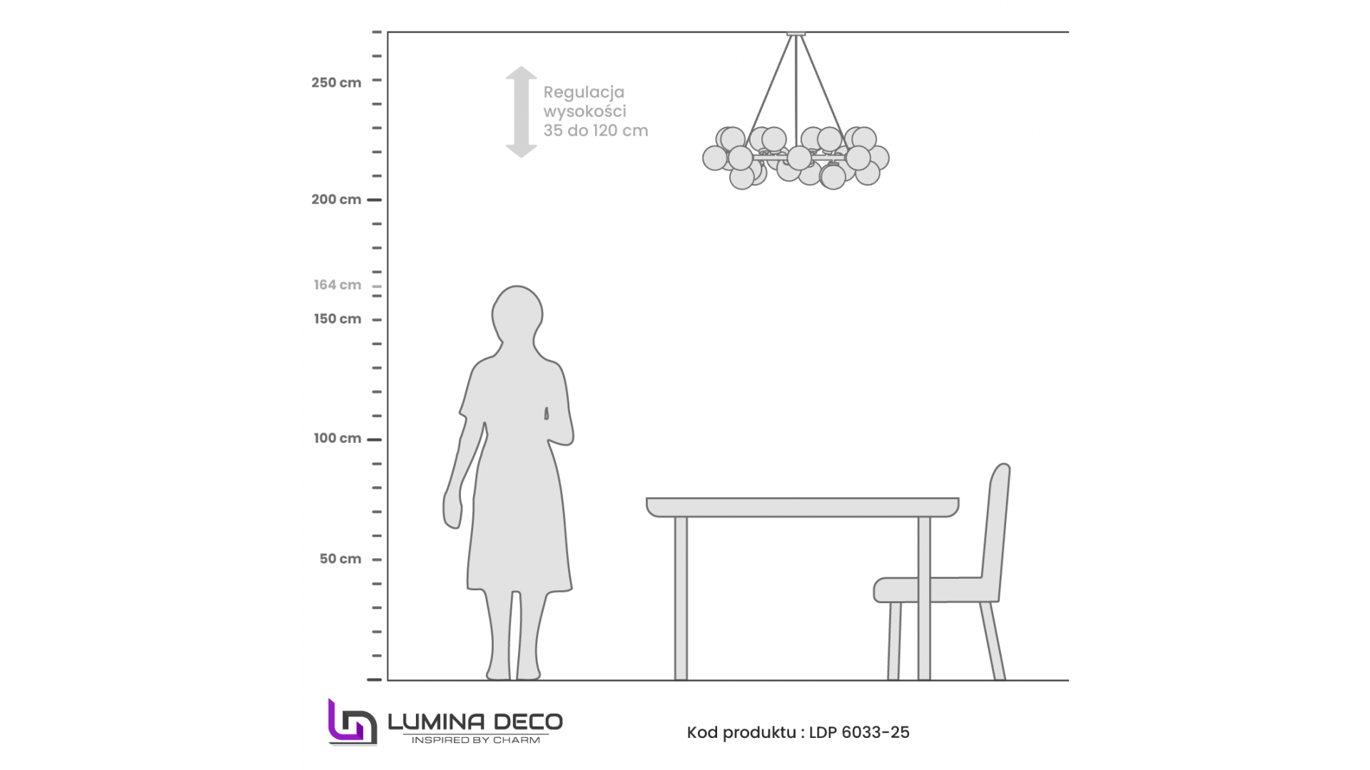 rysunek techniczny lampy wiszącej Marsiada 25 wymiary nowoczesnej złotej szczotkowanej lampy