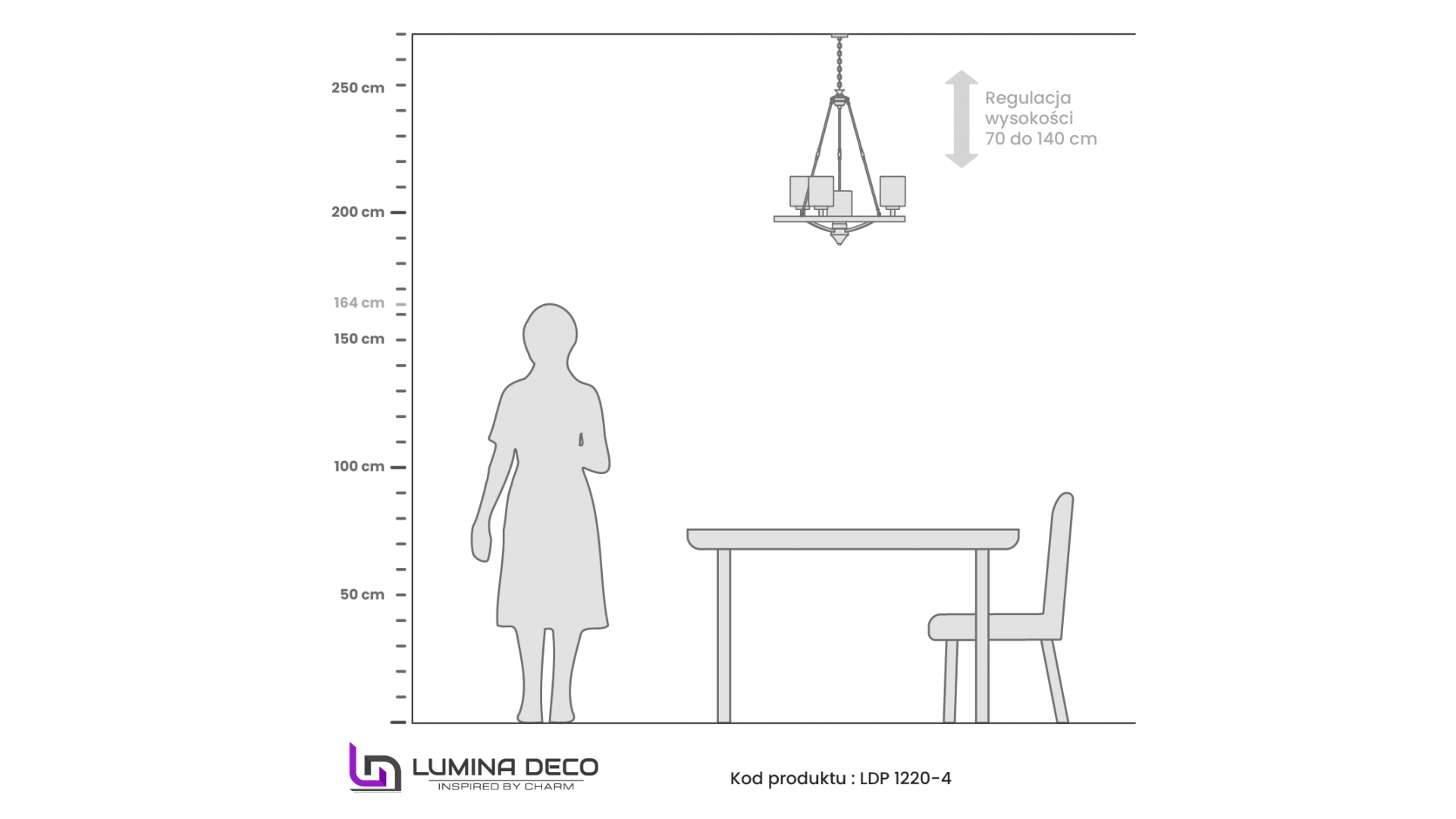Rysunek techniczny lampy wiszącej Santini W4 Lumina Deco, proporcje i wysokość żyrandola
