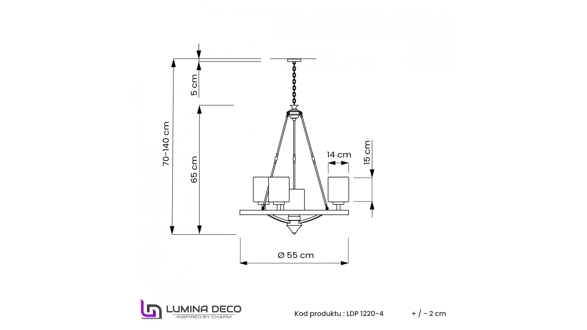 Schemat techniczny lampy Santini W4 Lumina Deco, wymiary złotej szczotkowanej lampy wiszącej