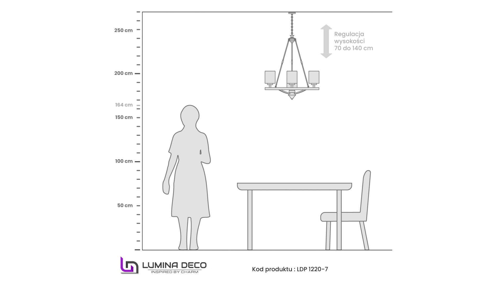 Rysunek techniczny lampy wiszącej Santini W7 Lumina Deco, wymiary i proporcje