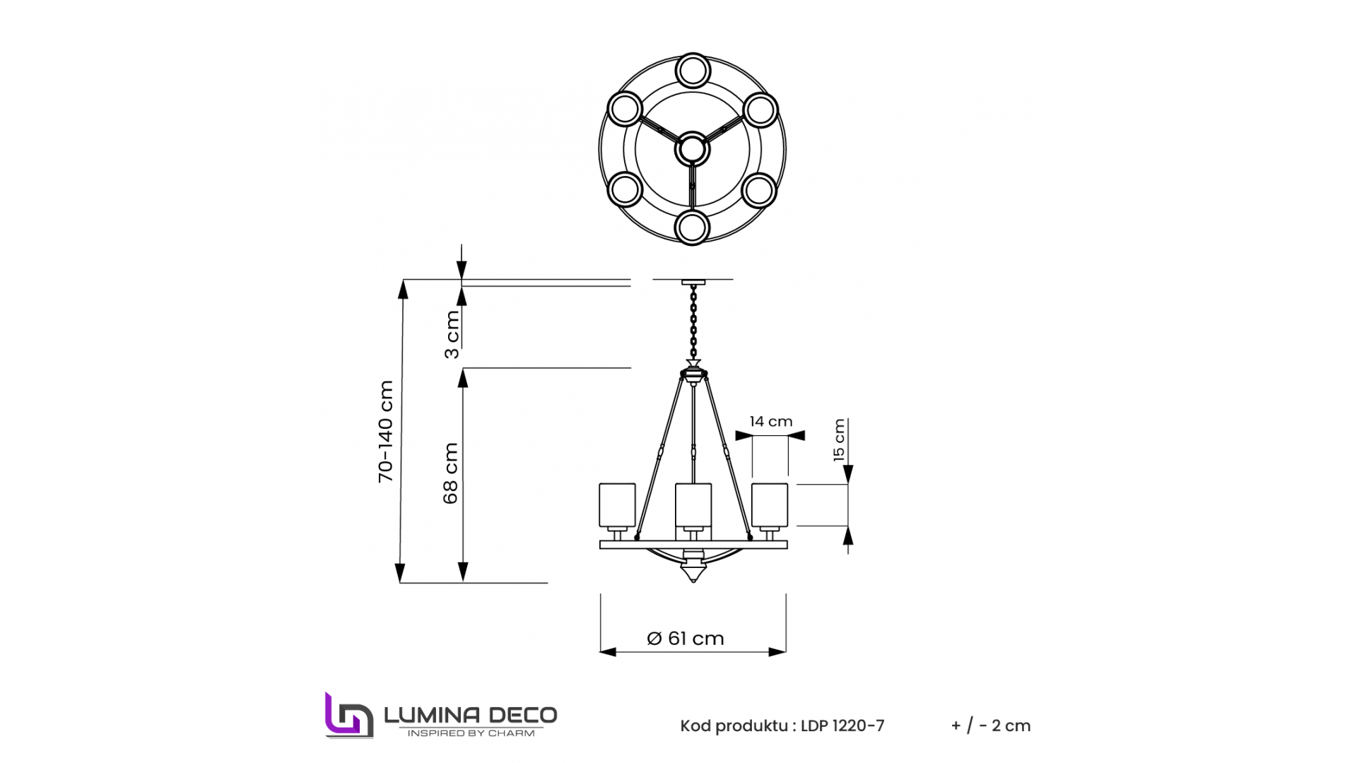 Specyfikacja techniczna żyrandola Santini W7 Lumina Deco, schemat montażu i wymiarów