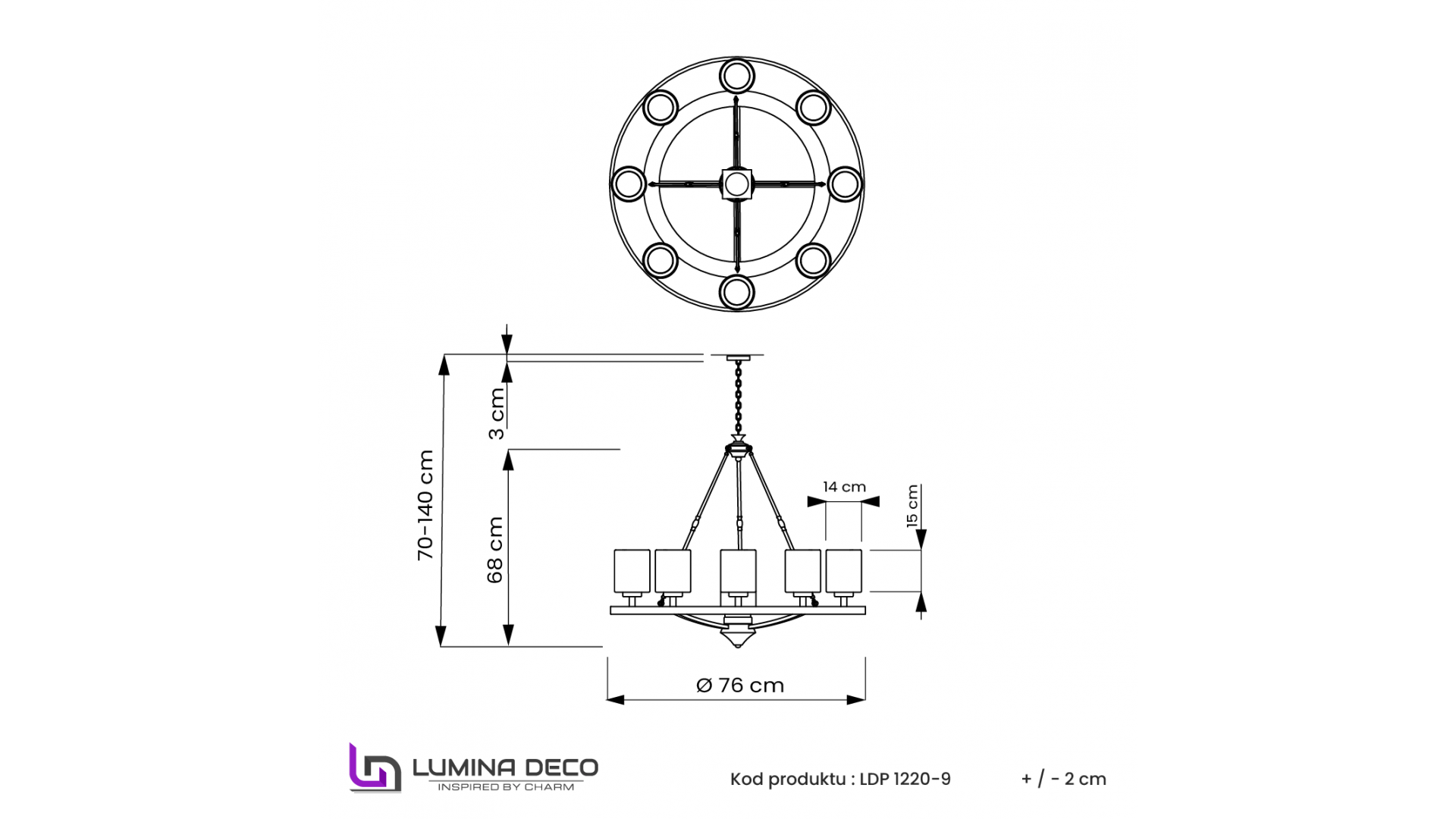Rysunek lampy wiszącej Lumina Deco SANTINI W9 z podziałem na elementy i wymiary