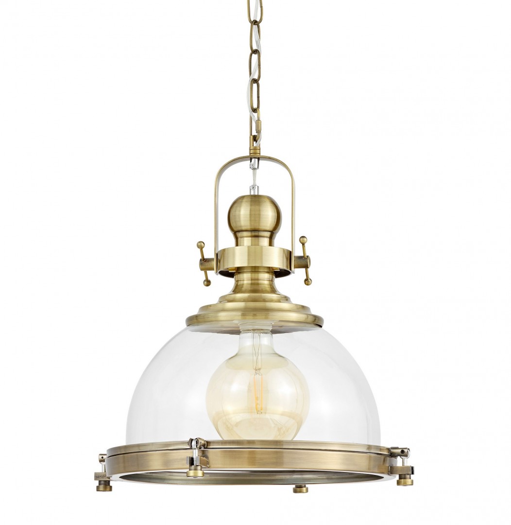 Lampa w kolorze złota szczotkowanego FALCO z dużym szklanym kloszem idealna do wnętrz loftowych