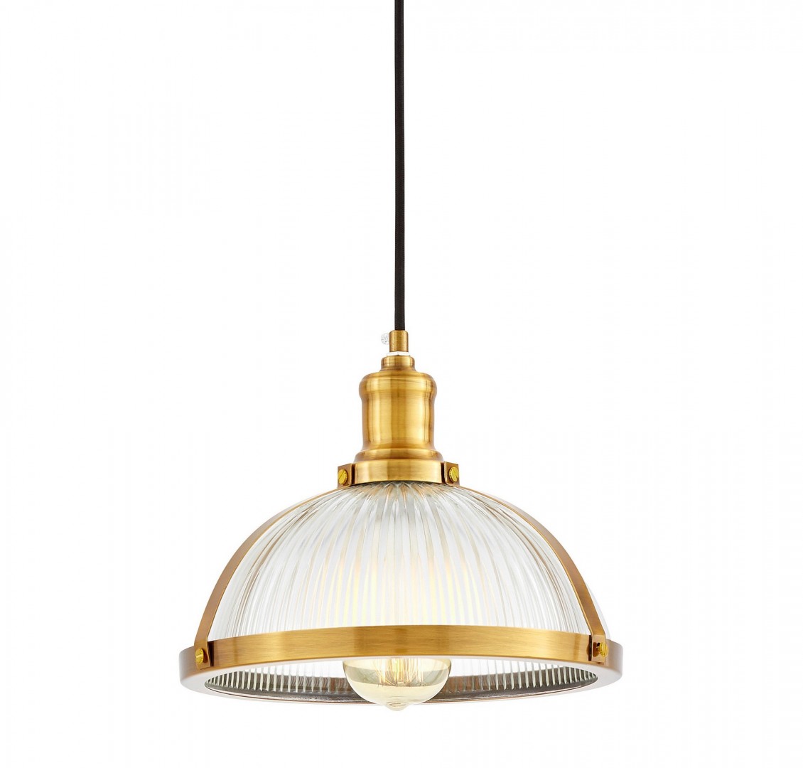 Lampa sufitowa o szklanym kloszu i złotym wykończeniu