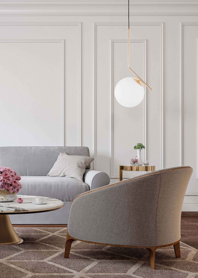 LAMPA WISZĄCA NOWOCZESNA ZŁOTA BIAŁA KULA SORENTO 20 LUMINA DECO