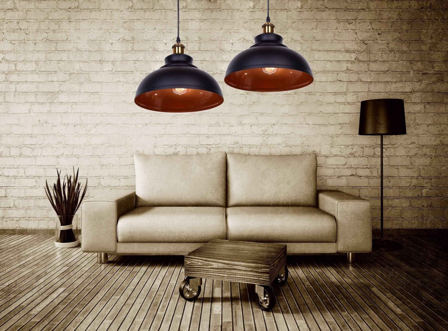 Loftowa lampa wisząca Lumina Deco BOGGI w czarnym kolorze zawieszona nad kanapą w salonie