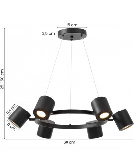 czarna lampa wisząca bolt z sześcioma reflektorami z możliwością regulacji wysokości 