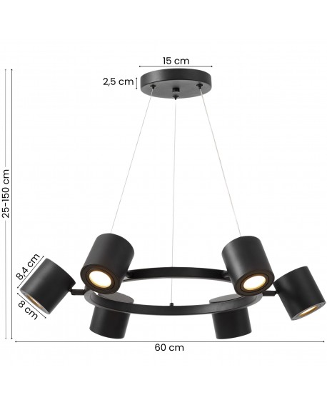 czarna lampa wisząca bolt z sześcioma reflektorami z możliwością regulacji wysokości 