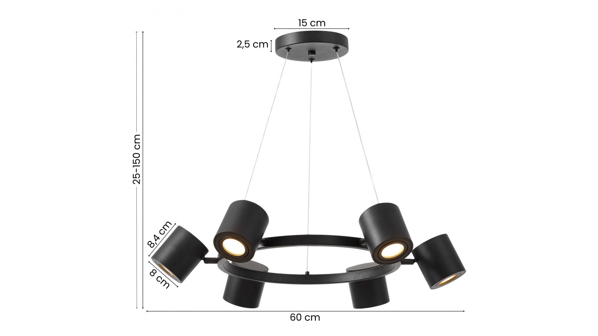 czarna lampa wisząca bolt z sześcioma reflektorami z możliwością regulacji wysokości 