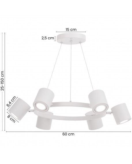 biała lampa wisząca z regulacją wysokości 25-150 cm okrągły stelaż 6 kloszy producent Lampit model Bolt W6