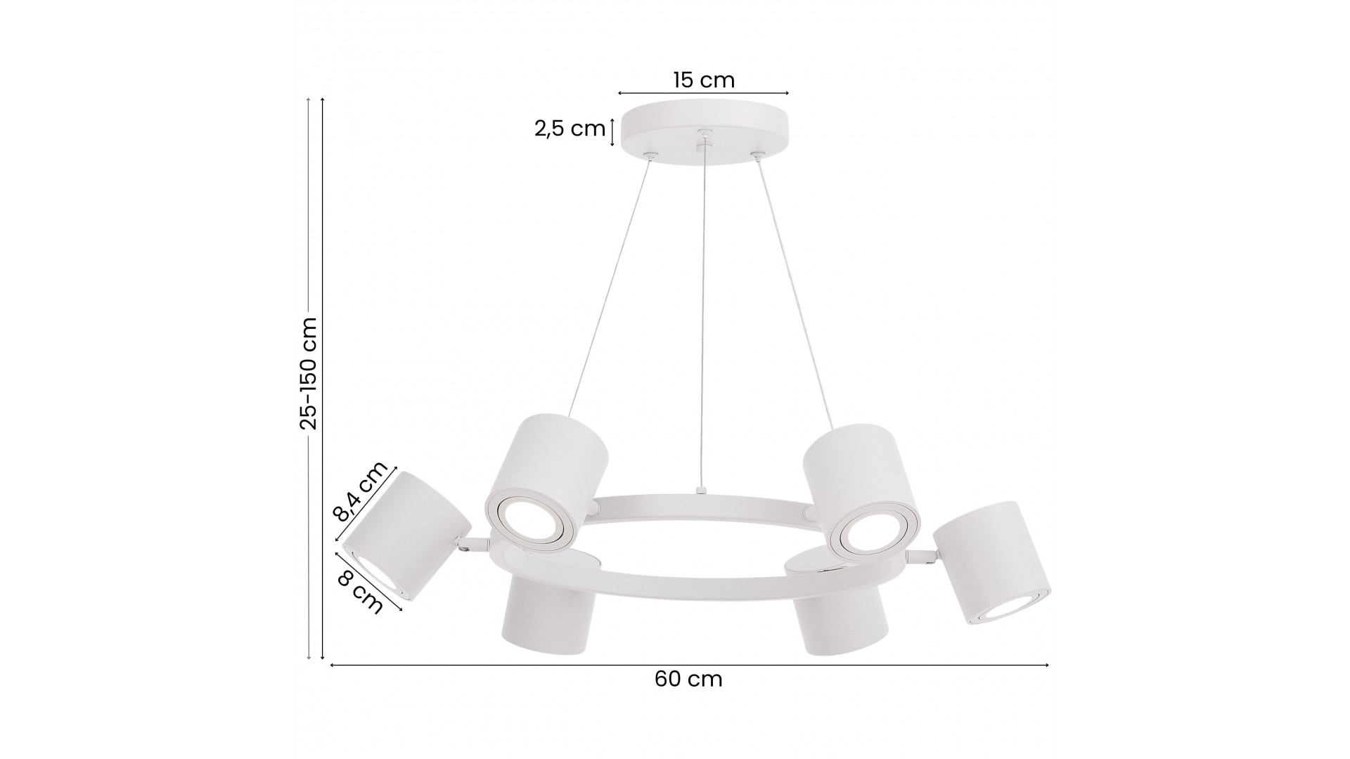 biała lampa wisząca z regulacją wysokości 25-150 cm okrągły stelaż 6 kloszy producent Lampit model Bolt W6