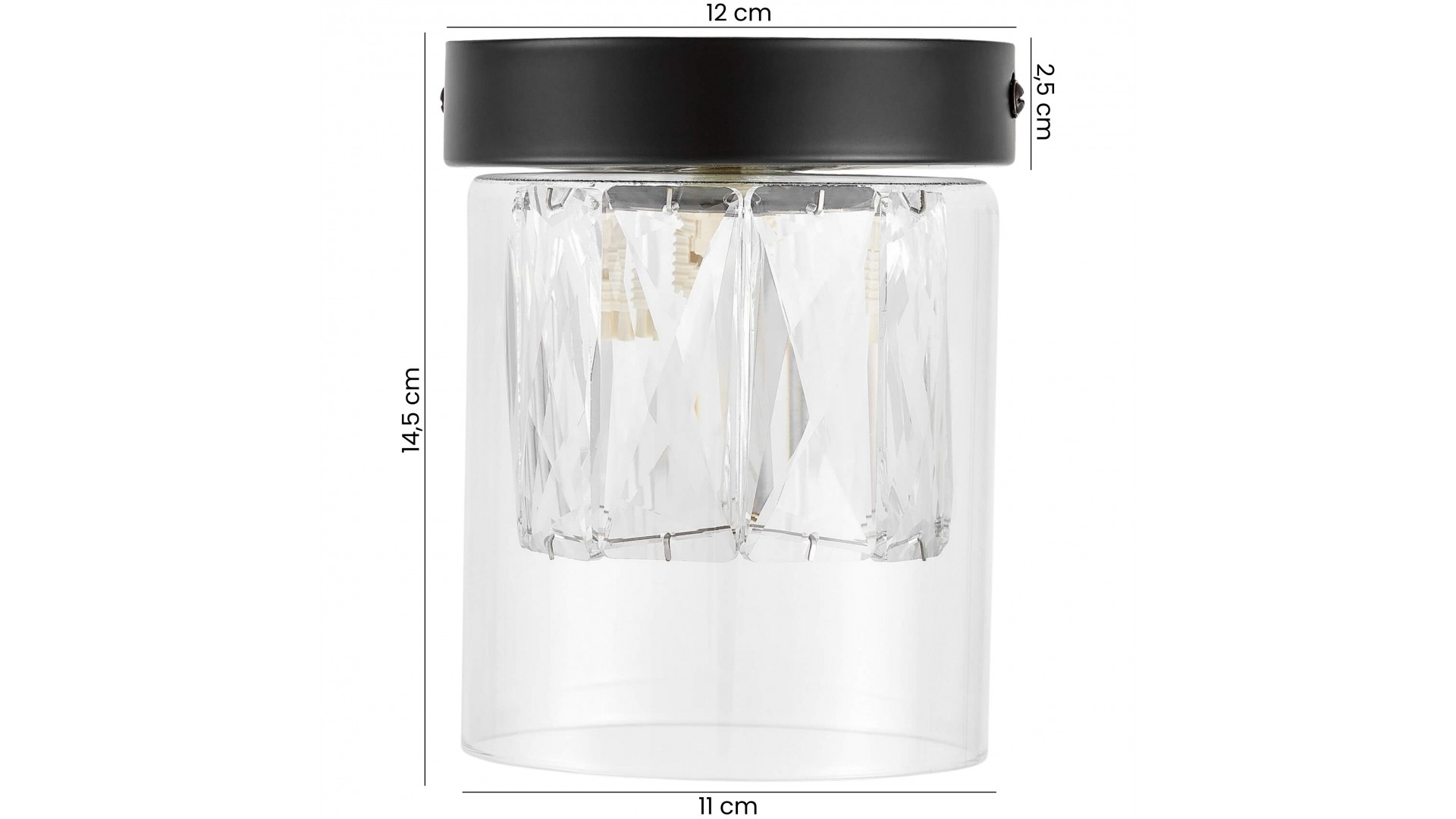 plafon LED sufitowy z czarną oprawą i szklanym kloszem z kryształową strukturą lampa premium model DENI o wymiarach 12x14.5 cm