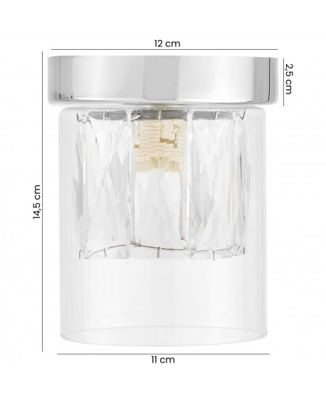 chromowany plafon LED z przezroczystym kloszem i kryształowym wnętrzem lampa sufitowa model DENI 12x14,5 cm